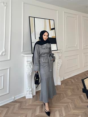 Bomber Ceketli Süet Etekli Takım Gri