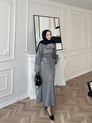 Bomber Ceketli Süet Etekli Takım Gri