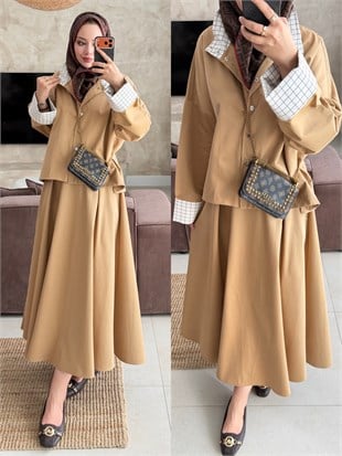 Breza Kare Detaylı Etekli Takım Camel (4600)