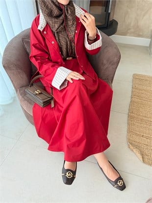 Breza Kare Detaylı Etekli Takım Kırmızı (4600)