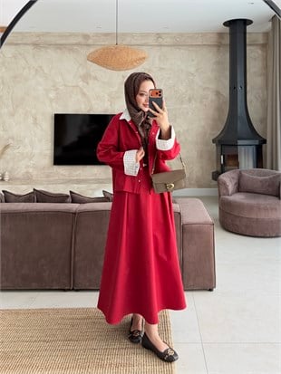 Breza Kare Detaylı Etekli Takım Kırmızı (4600)