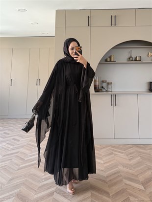 Brianna Pelerinli Şifon Elbise Siyah