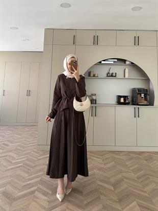 Broş Detaylı Pileli Etekli Takım Acı Kahve (4067)