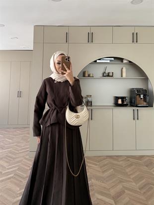 Broş Detaylı Pileli Etekli Takım Acı Kahve (4067)