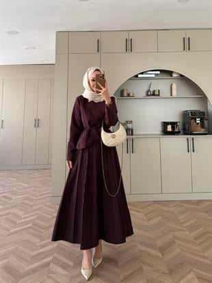 Broş Detaylı Pileli Etekli Takım Bordo (4067)