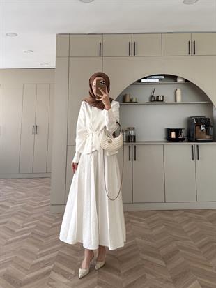 Broş Detaylı Pileli Etekli Takım Ekru (4067)