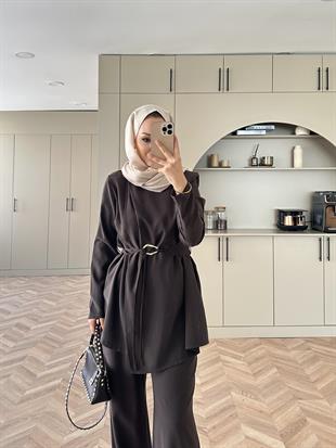 Broş Kemer Detaylı Modal Takım Acı Kahve (4401)