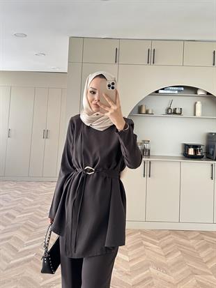 Broş Kemer Detaylı Modal Takım Acı Kahve (4401)