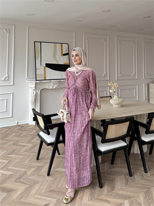 Bubble Desenli Şifon Elbise Pembe (546)