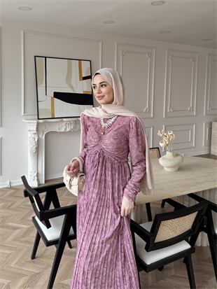 Bubble Desenli Şifon Elbise Pembe (546)