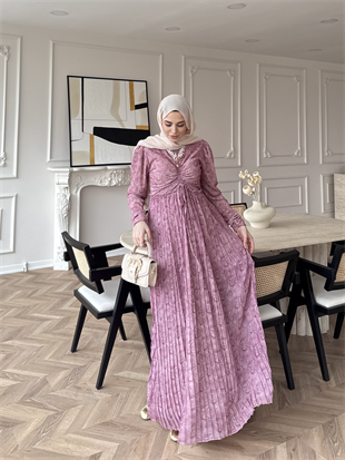 Bubble Desenli Şifon Elbise Pembe (546)