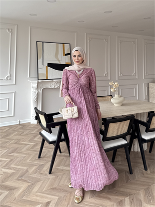Bubble Desenli Şifon Elbise Pembe (546)