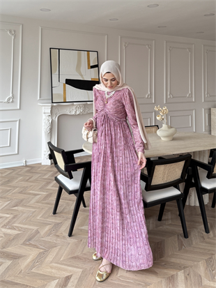 Bubble Desenli Şifon Elbise Pembe (546)