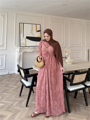 Bubble Desenli Şifon Elbise Turuncu (546)