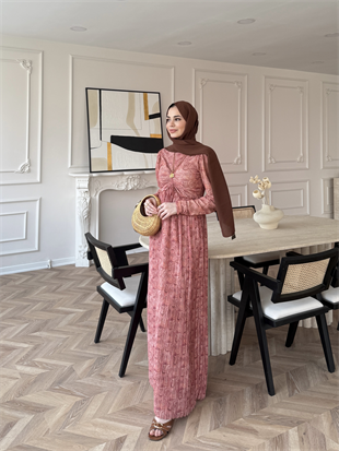 Bubble Desenli Şifon Elbise Turuncu (546)