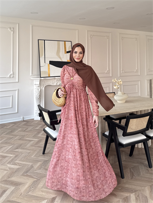 Bubble Desenli Şifon Elbise Turuncu (546)