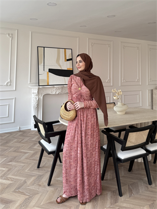 Bubble Desenli Şifon Elbise Turuncu (546)