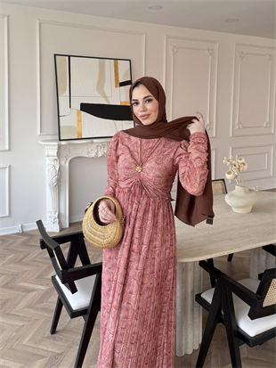 Bubble Desenli Şifon Elbise Turuncu (546)