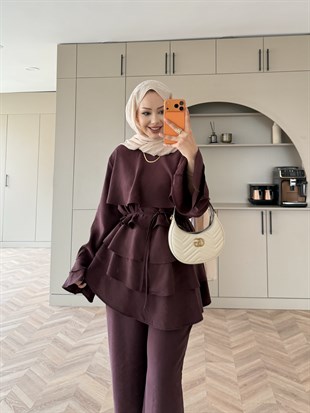 Cadea Fırfırlı Pantolon Takım Mürdüm (205)