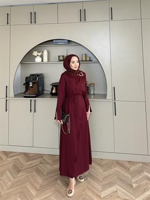 Candy Broşlu Elbise Bordo KEMERSİZ