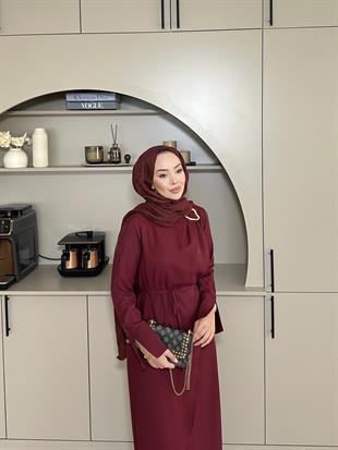 Candy Broşlu Elbise Bordo KEMERSİZ