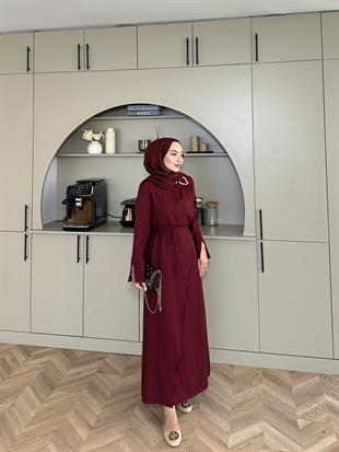 Candy Broşlu Elbise Bordo KEMERSİZ