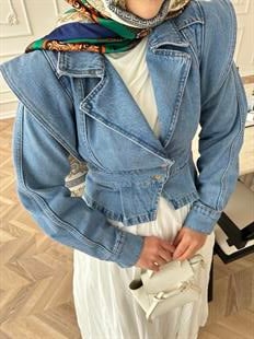 Çapraz Detaylı Kot Ceket Buz Mavi