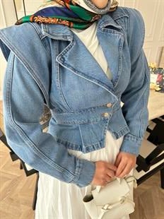 Çapraz Detaylı Kot Ceket Buz Mavi