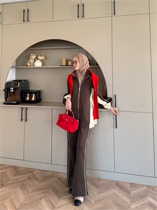 Carlot Fermuarlı Scuba Pantolonlu Takım Kahve (4581)