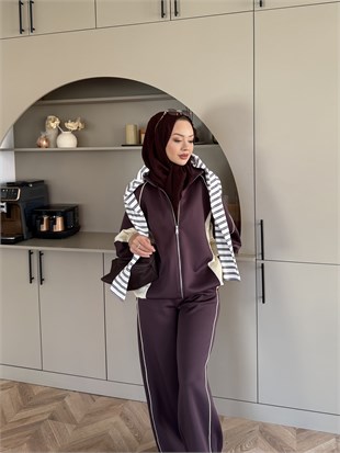 Carlot Fermuarlı Scuba Pantolonlu Takım Mürdüm (4581)