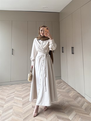 Celeste Yandan Bağlamalı Elbise Krem (8029)