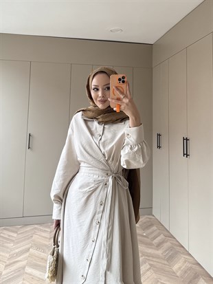 Celeste Yandan Bağlamalı Elbise Krem (8029)