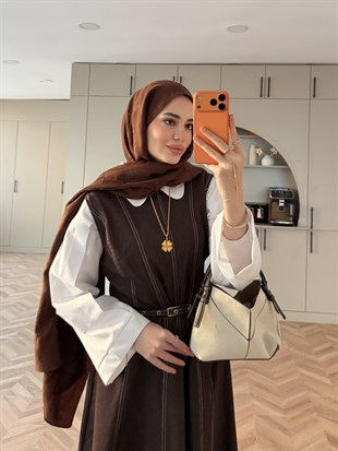 Celia Sıfır Kol Kemerli Kot Elbise Kahve (4439)