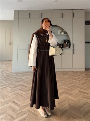 Celia Sıfır Kol Kemerli Kot Elbise Kahve (4439)