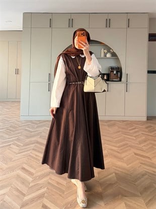 Celia Sıfır Kol Kemerli Kot Elbise Kahve (4439)