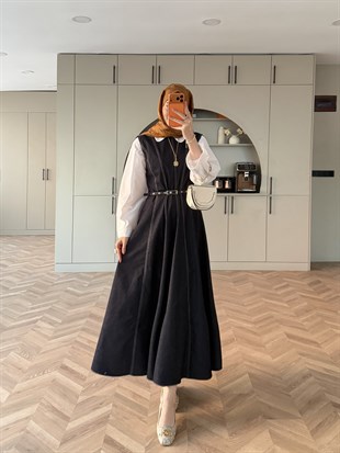 Celia Sıfır Kol Kemerli Kot Elbise Lacivert (4439) 