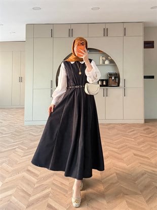 Celia Sıfır Kol Kemerli Kot Elbise Lacivert (4439) 