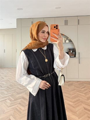 Celia Sıfır Kol Kemerli Kot Elbise Lacivert (4439) 