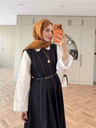 Celia Sıfır Kol Kemerli Kot Elbise Lacivert (4439) 