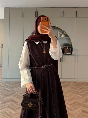 Celia Sıfır Kol Kemerli Kot Elbise Mürdüm (4439)