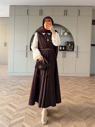 Celia Sıfır Kol Kemerli Kot Elbise Mürdüm (4439)