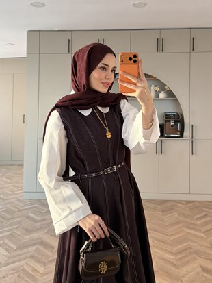 Celia Sıfır Kol Kemerli Kot Elbise Mürdüm (4439)