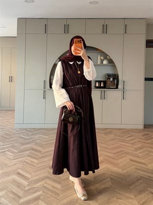 Celia Sıfır Kol Kemerli Kot Elbise Mürdüm (4439)