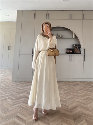 Celine Dikiş Detaylı Etekli Takım Bej (3347)