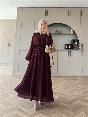 Celine Dikiş Detaylı Etekli Takım Bordo (3347)