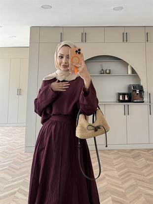 Celine Dikiş Detaylı Etekli Takım Bordo (3347)