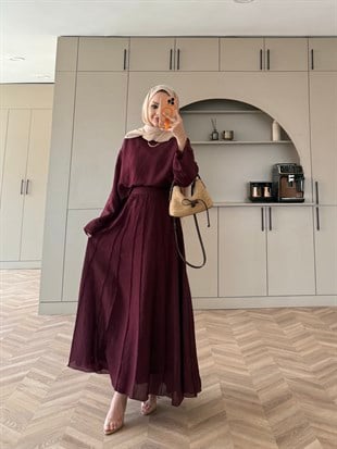 Celine Dikiş Detaylı Etekli Takım Bordo (3347)