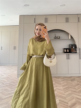 Celine Dikiş Detaylı Etekli Takım Yağ Yeşili (3347)