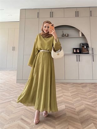 Celine Dikiş Detaylı Etekli Takım Yağ Yeşili (3347)