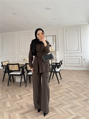 Cesar Modal Kemer Detaylı Pantolonlu Takım Kahve (2306)